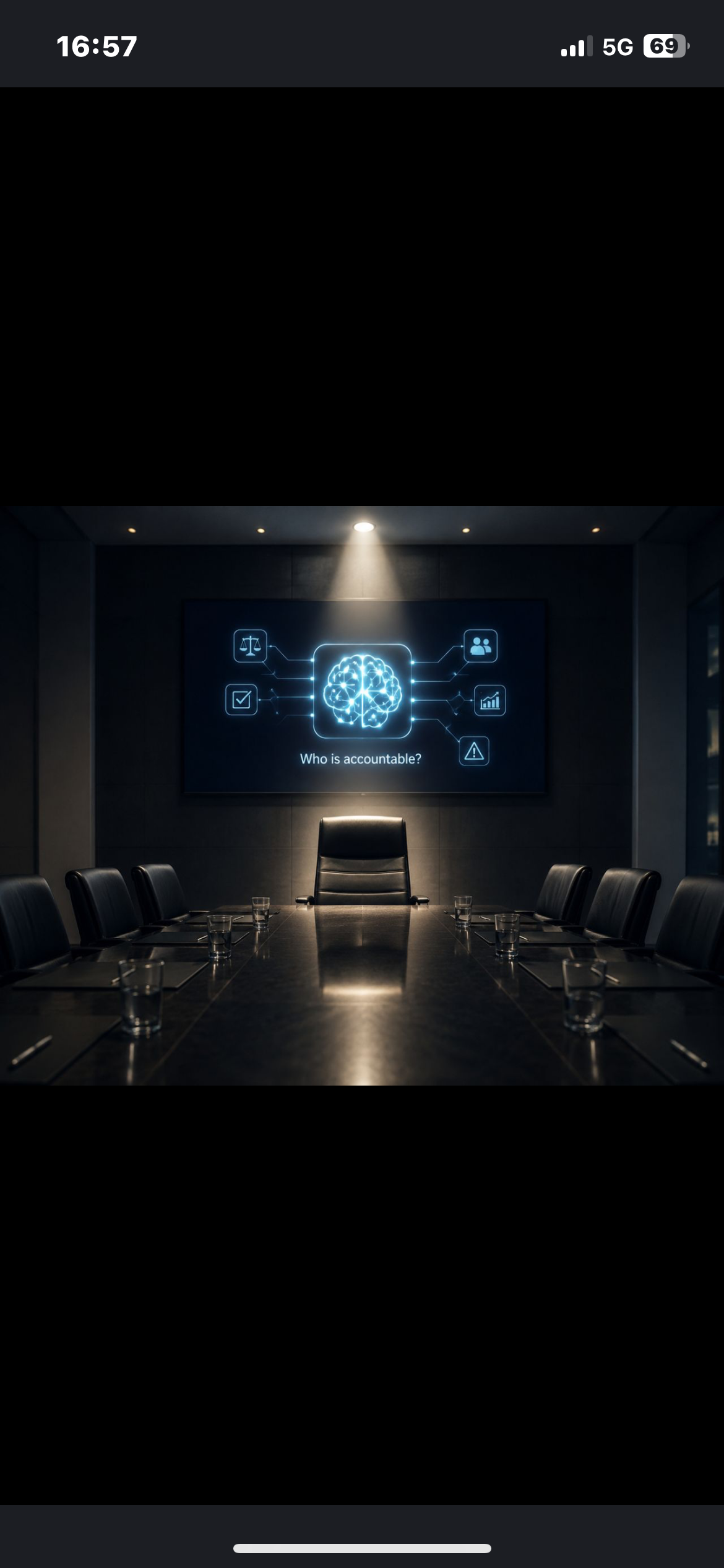 Who is accountable? — empty boardroom with AI on screen